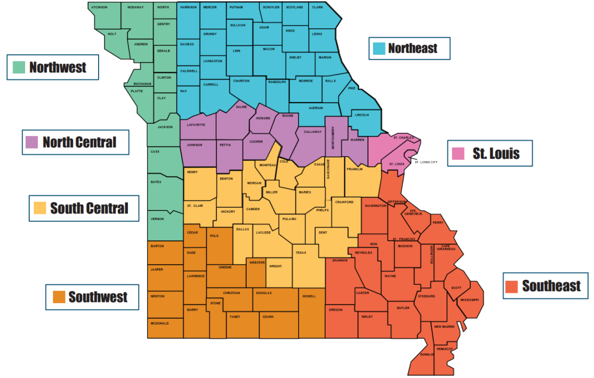 Map of Missouri with the 7 regions colored