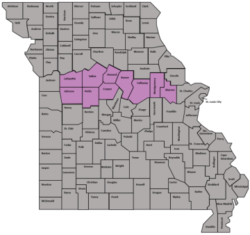 Map of Missouri with north central region colored
