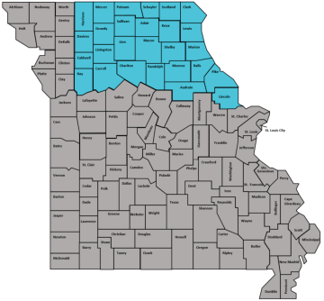 Map of Missouri with northeast region colored