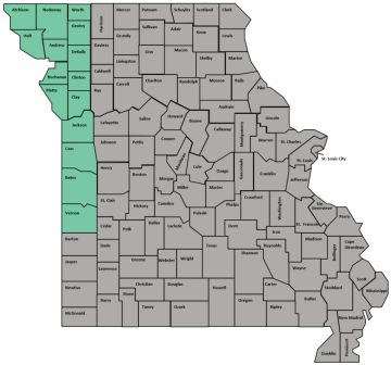 Map of Missouri with northwest region colored
