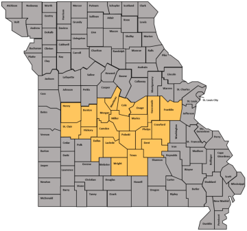 Map of Missouri with south central region colored