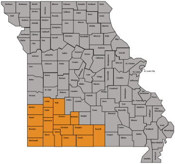 Map of Missouri with southwest region colored