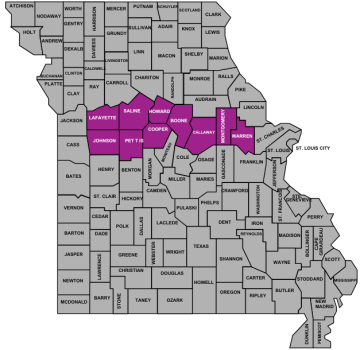 Missouri map with north central area highlighted