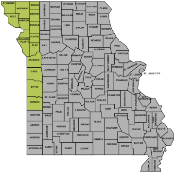 Missouri map with northwest area highlighted