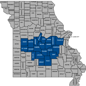 Missouri map with south central area highlighted
