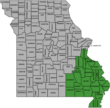 Missouri map with southeast area highlighted