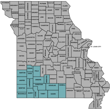 Map of Missouri with southwest area highlighted