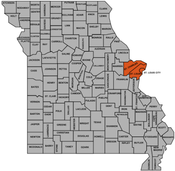 Missouri map with St Louis area in orange